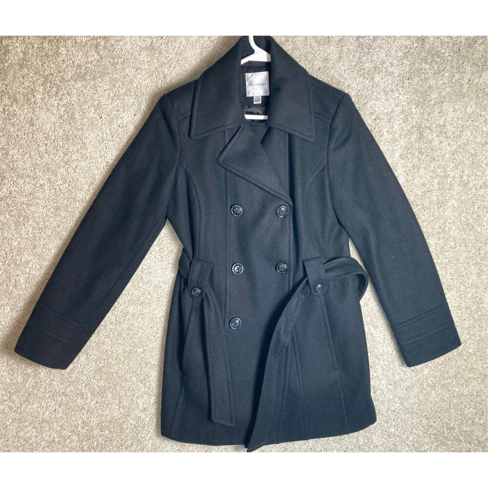 Women's Wool and Polyester Blend Coat Jacket Croft Barrow Black Size S with Belt